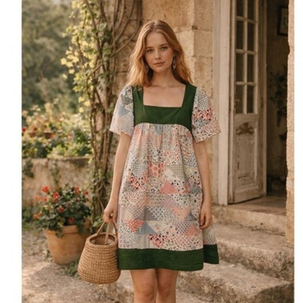 Carleen for Anthropologie Patchwork Quilt Print Short Vacation Dress Size XS EUC